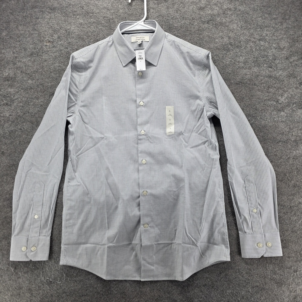 Banana Republic Dress Shirt Mens S Gray Check Slim Fit Stretch Wrinkle Resistant